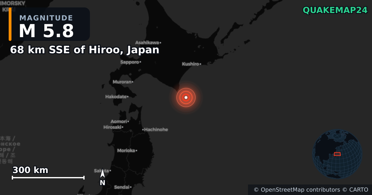 M5.8 earthquake near 68 km SSE of Hiroo, Japan on Jun 1, 2025 — map of epicenter and shaking intensity | QuakeMap24