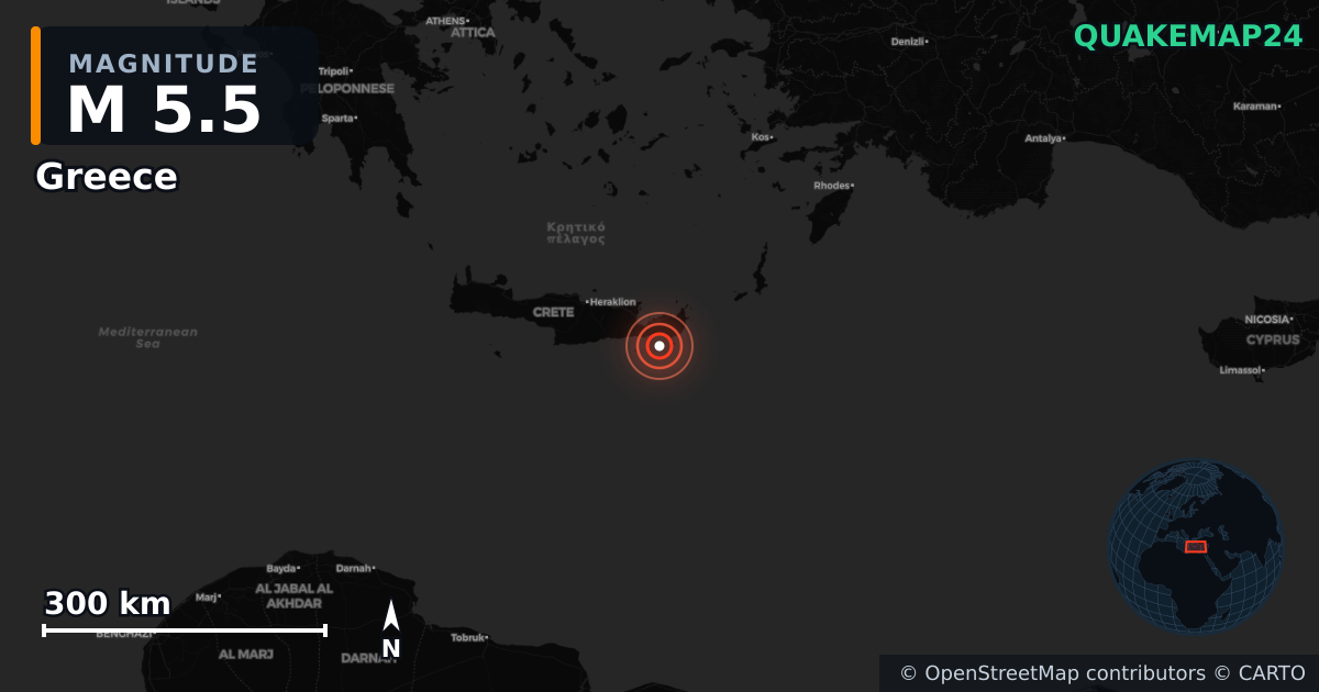 M5.5 Earthquake near Greece (Greece) · 2026-04-24 — Map showing the location of the epicenter