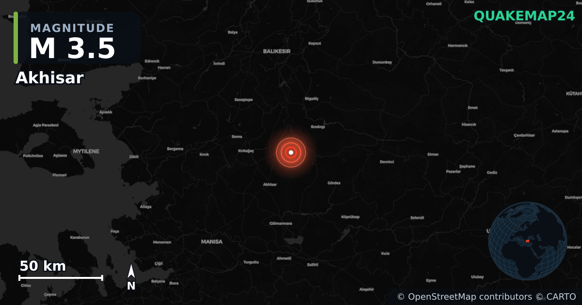 M3.5 earthquake near Akhisar on Nov 7, 2025 — map of epicenter and shaking intensity | QuakeMap24