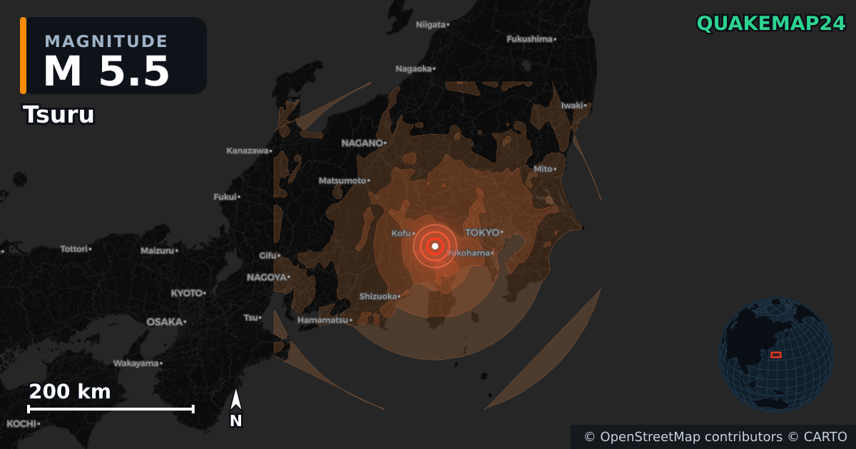 M5.5 earthquake near Tsuru on Jun 26, 2026 — map of epicenter and shaking intensity | QuakeMap24