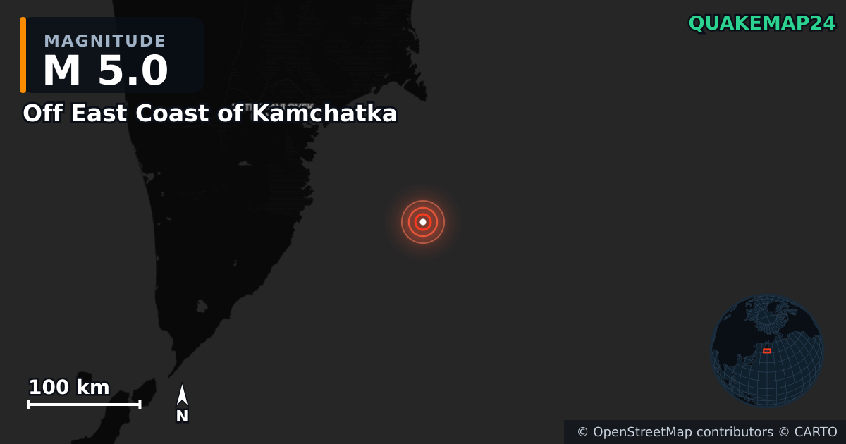 M5.0 earthquake near Off East Coast of Kamchatka on Sep 10, 2025 — map of epicenter and shaking intensity | QuakeMap24