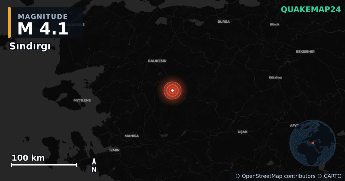 M4.1 earthquake near Sındırgı on Nov 15, 2025 — map of epicenter and shaking intensity | QuakeMap24