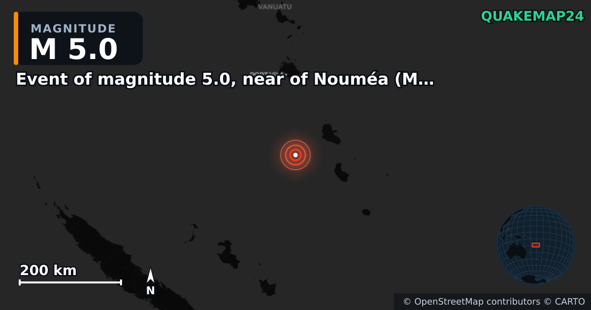 M5.0 earthquake near Event of magnitude 5.0, near of Nouméa (Monde) on Dec 17, 2025 — map of epicenter and shaking intensity | QuakeMap24