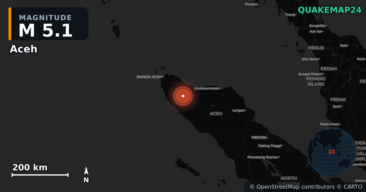 M5.1 earthquake near Aceh on Oct 27, 2025 — map of epicenter and shaking intensity | QuakeMap24
