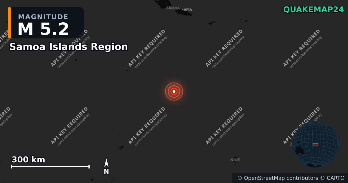 M5.2 earthquake near Samoa Islands Region on Jun 1, 2025 — map of epicenter and shaking intensity | QuakeMap24