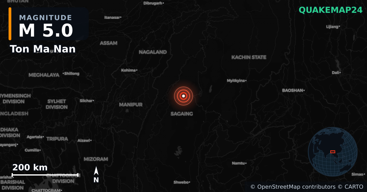 M5.0 earthquake near Ton Ma Nan on Jan 3, 2025 — map of epicenter and shaking intensity | QuakeMap24