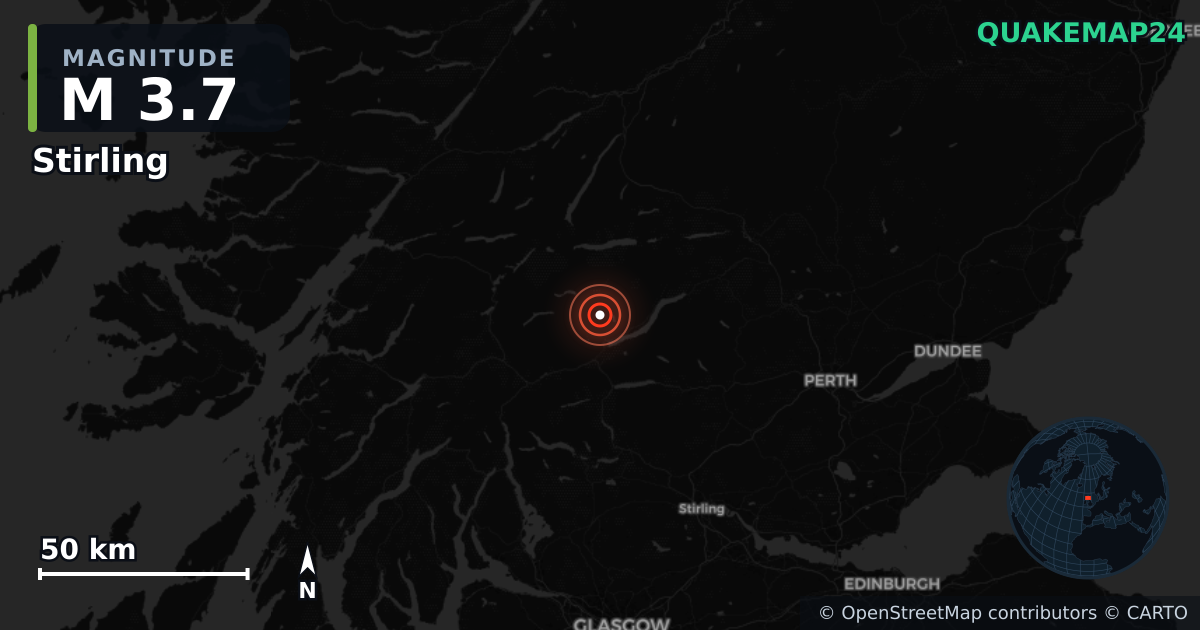 M3.7 earthquake near Stirling on Oct 20, 2025 — map of epicenter and shaking intensity | QuakeMap24