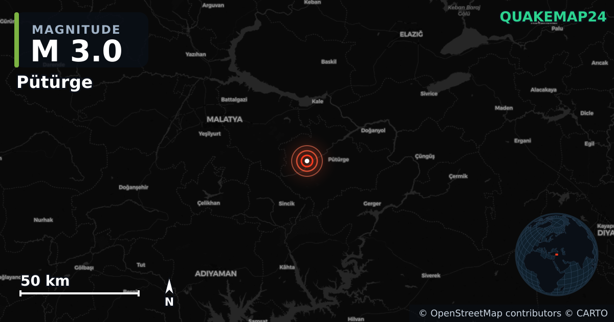 M3.0 earthquake near Pütürge on Sep 26, 2025 — map of epicenter and shaking intensity | QuakeMap24