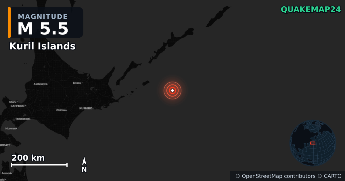 M5.5 earthquake near Kuril Islands on Dec 17, 2025 — map of epicenter and shaking intensity | QuakeMap24