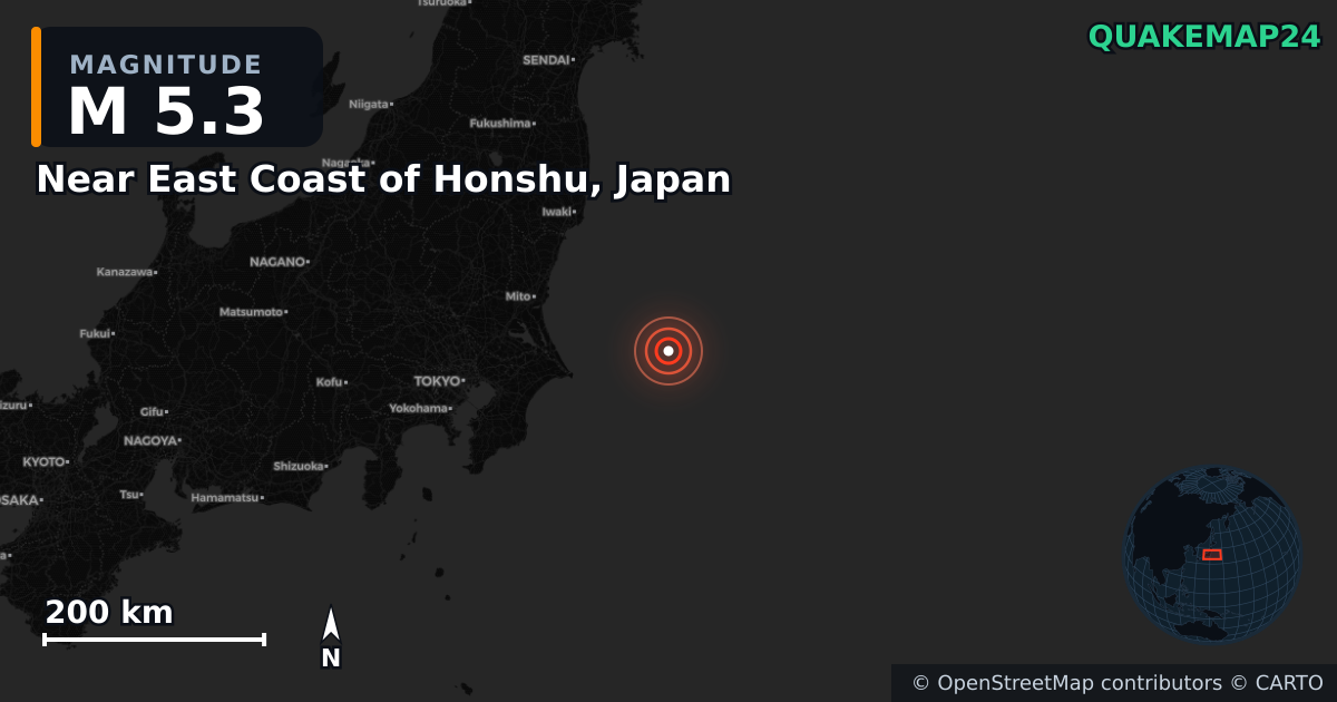 M5.3 earthquake near Near East Coast of Honshu, Japan on May 1, 2026 — map of epicenter and shaking intensity | QuakeMap24