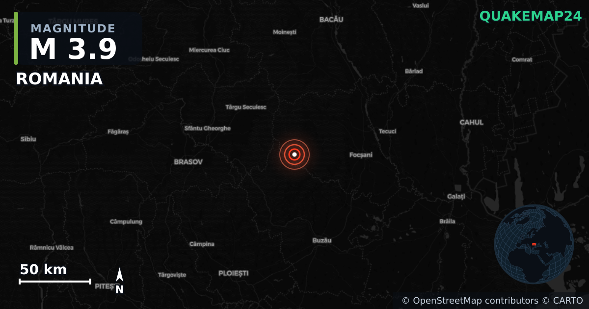 M3.9 earthquake near ROMANIA on Dec 12, 2025 — map of epicenter and shaking intensity | QuakeMap24