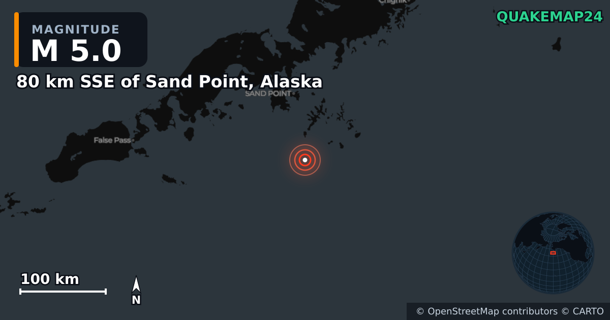 M5.0 Earthquake near 80 km SSE of Sand Point, Alaska · 2026-10-20 — Map showing the location of the epicenter