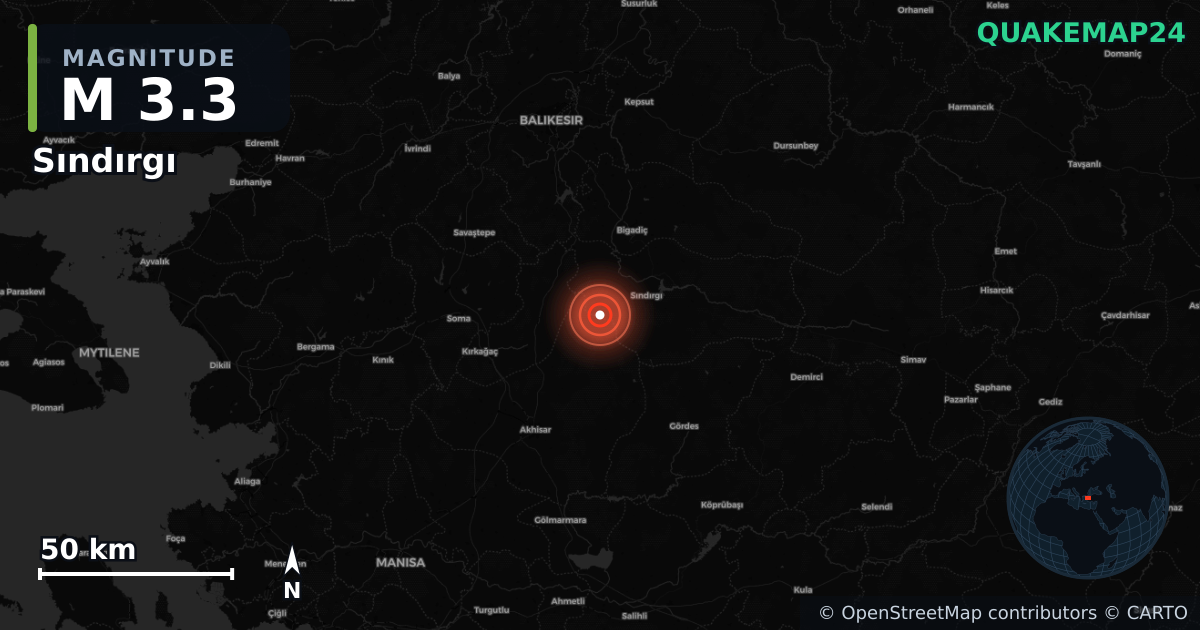 M3.3 earthquake near Sındırgı on Oct 9, 2025 — map of epicenter and shaking intensity | QuakeMap24