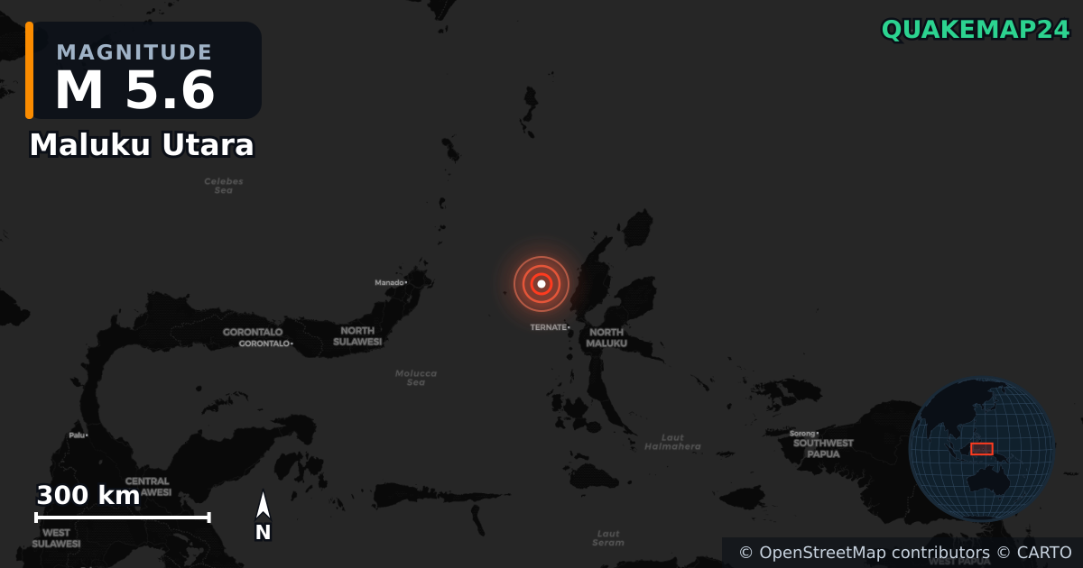 M5.6 earthquake near Maluku Utara on Jan 13, 2026 — map of epicenter and shaking intensity | QuakeMap24