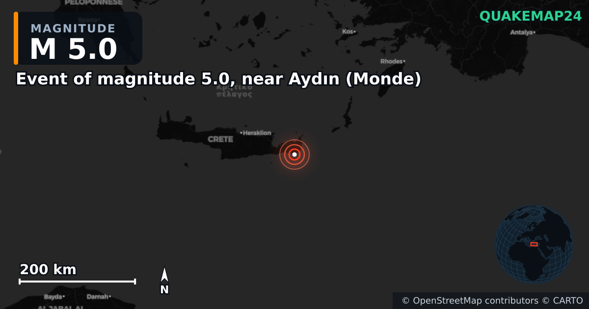 Erdbeben M5,0 bei Event of magnitude 5.0, near Aydın (Monde) — Karte der Lage des Epizentrums