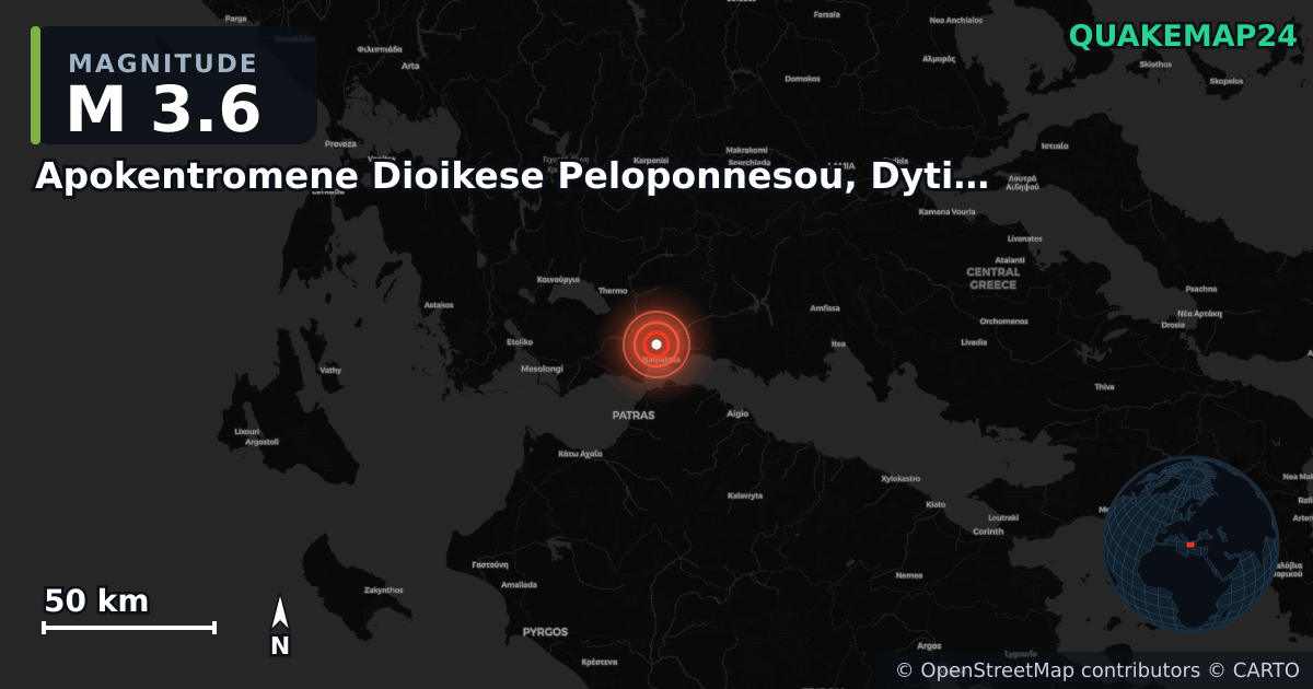 M3.6 earthquake near Apokentromene Dioikese Peloponnesou, Dytikes Elladas kai Ioniou on Jul 14, 2025 — map of epicenter and shaking intensity | QuakeMap24