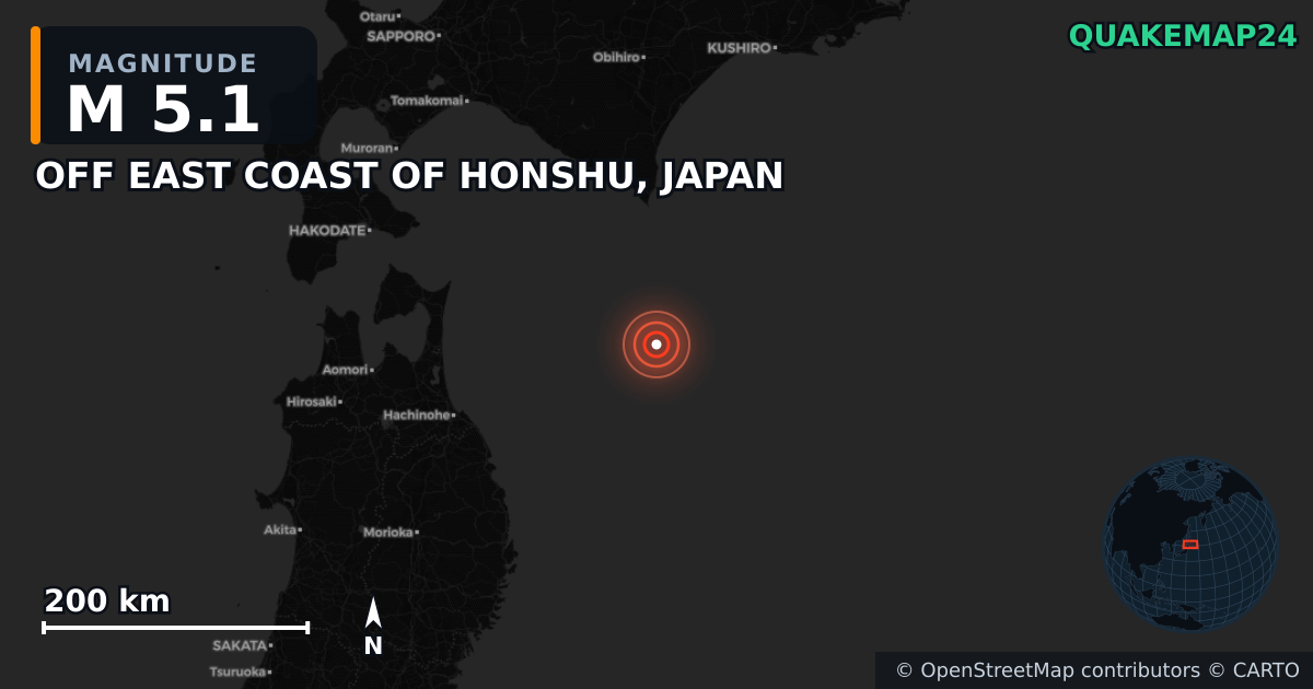 M5.1 earthquake near OFF EAST COAST OF HONSHU, JAPAN on Dec 8, 2025 — map of epicenter and shaking intensity | QuakeMap24
