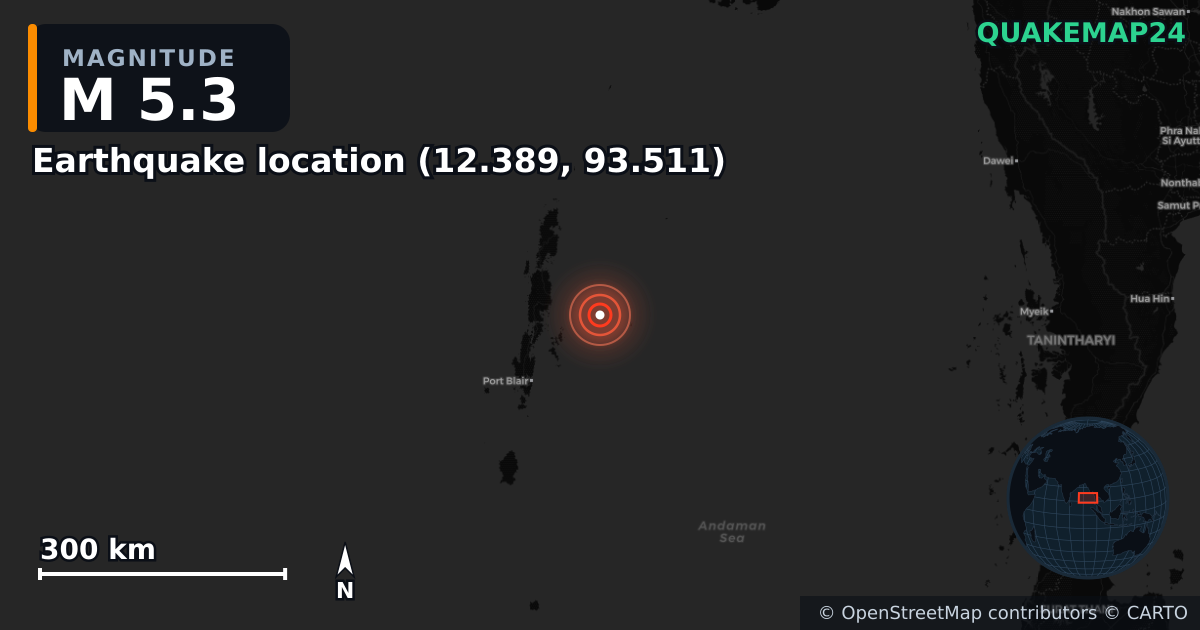 M5.3 earthquake near Deprem konumu (12.389, 93.511) on Jul 13, 2025 — map of epicenter and shaking intensity | QuakeMap24