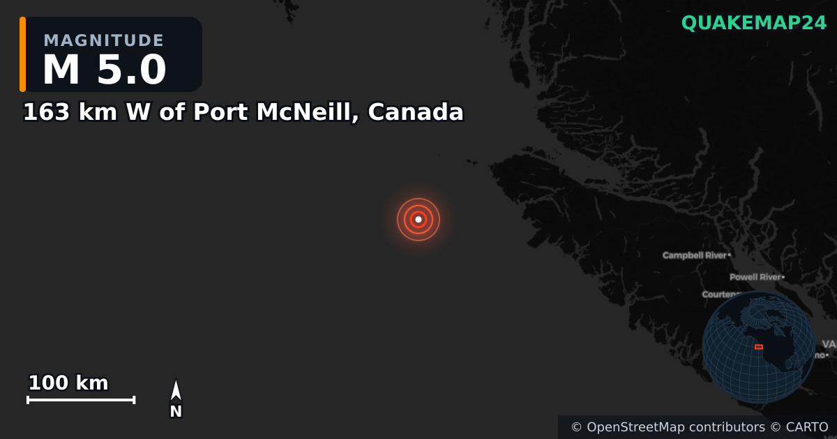 Erdbeben M5,0 bei 163 km W of Port McNeill, Canada · 2026-09-28 — Karte der Lage des Epizentrums
