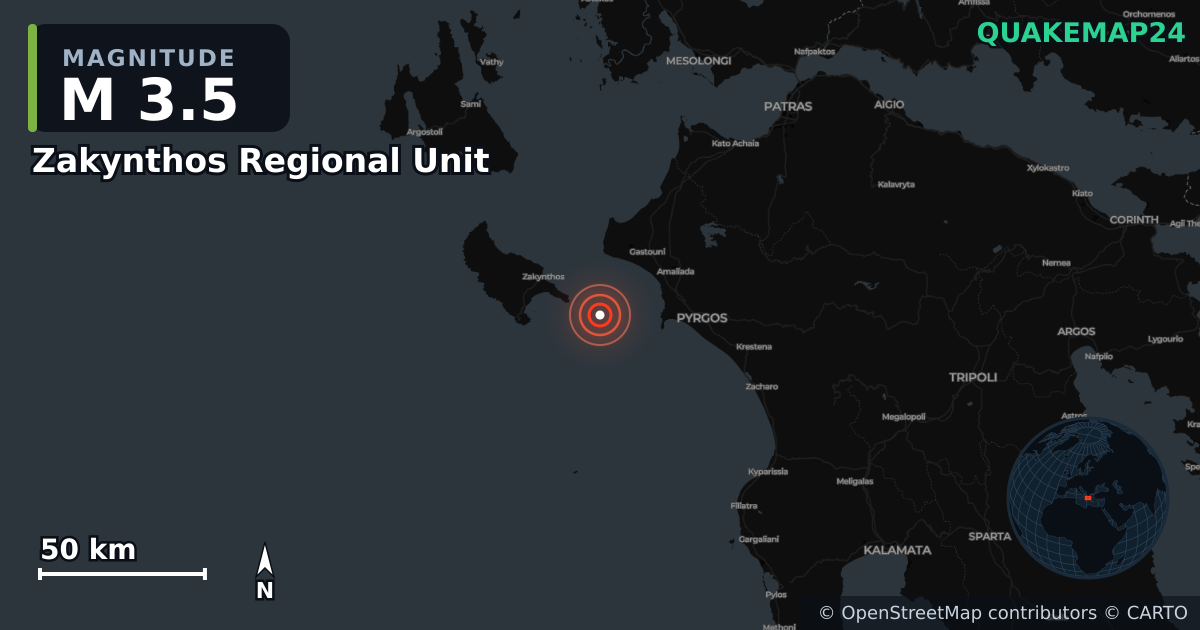 M3.5 Earthquake near Zakynthos Regional Unit, Ioanian Islands (Greece) · 2026-10-28 — Map showing the location of the epicenter
