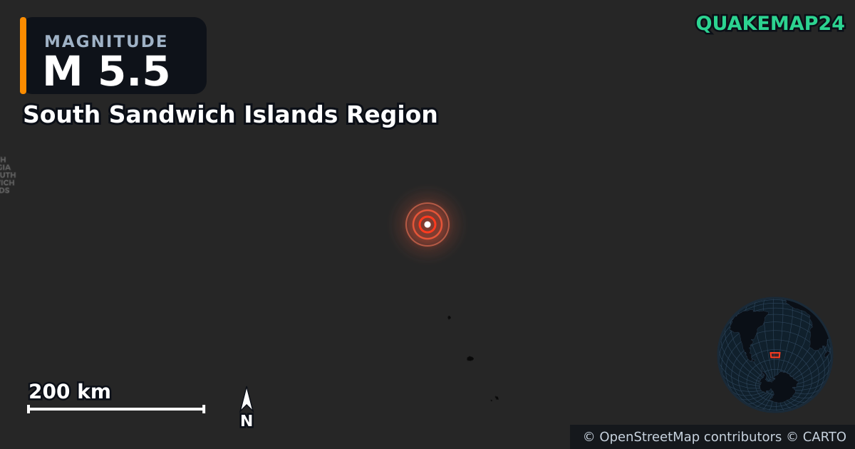 M5.5 earthquake near South Sandwich Islands Region on Jun 10, 2025 — map of epicenter and shaking intensity | QuakeMap24