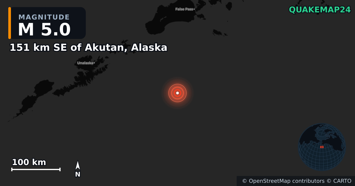 M5.0 earthquake near 151 km SE of Akutan, Alaska on Feb 4, 2025 — map of epicenter and shaking intensity | QuakeMap24