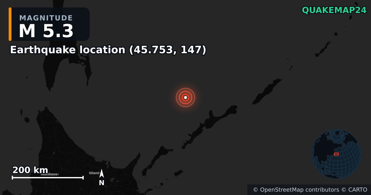 M5.3 earthquake near Τοποθεσία σεισμού (45.753, 147) on Aug 20, 2025 — map of epicenter and shaking intensity | QuakeMap24