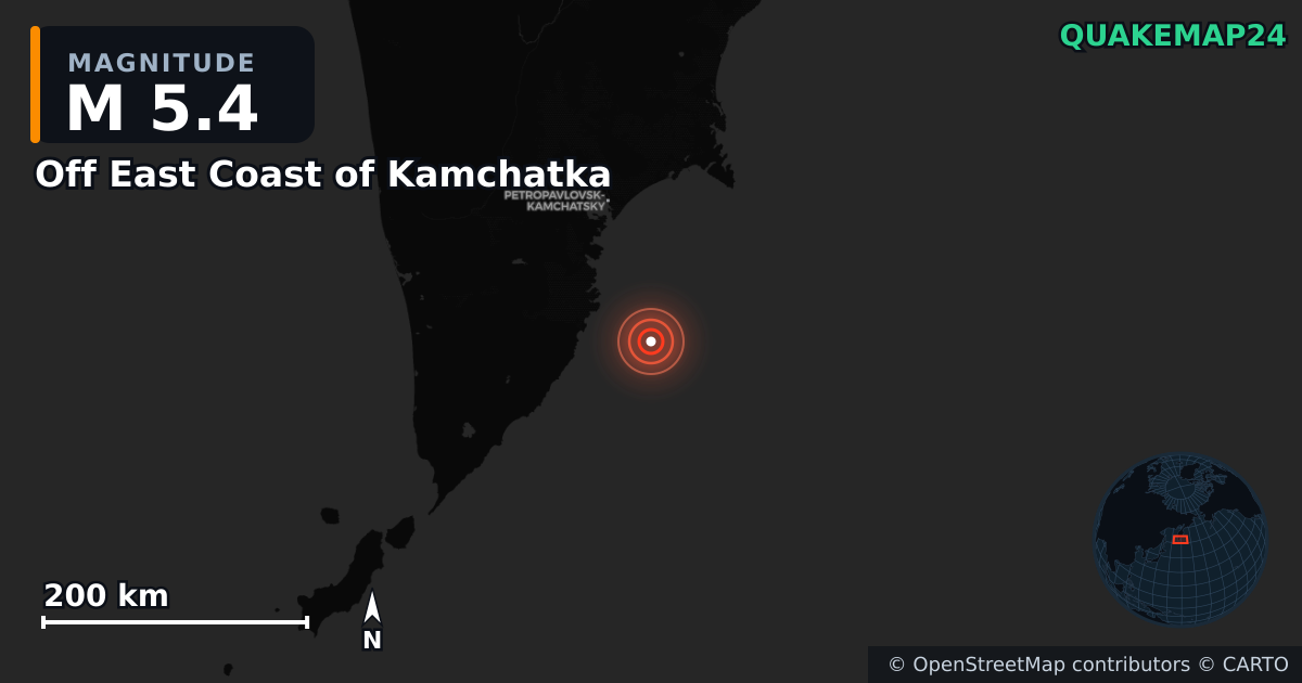 M5.4 earthquake near Off East Coast of Kamchatka on Jul 30, 2025 — map of epicenter and shaking intensity | QuakeMap24