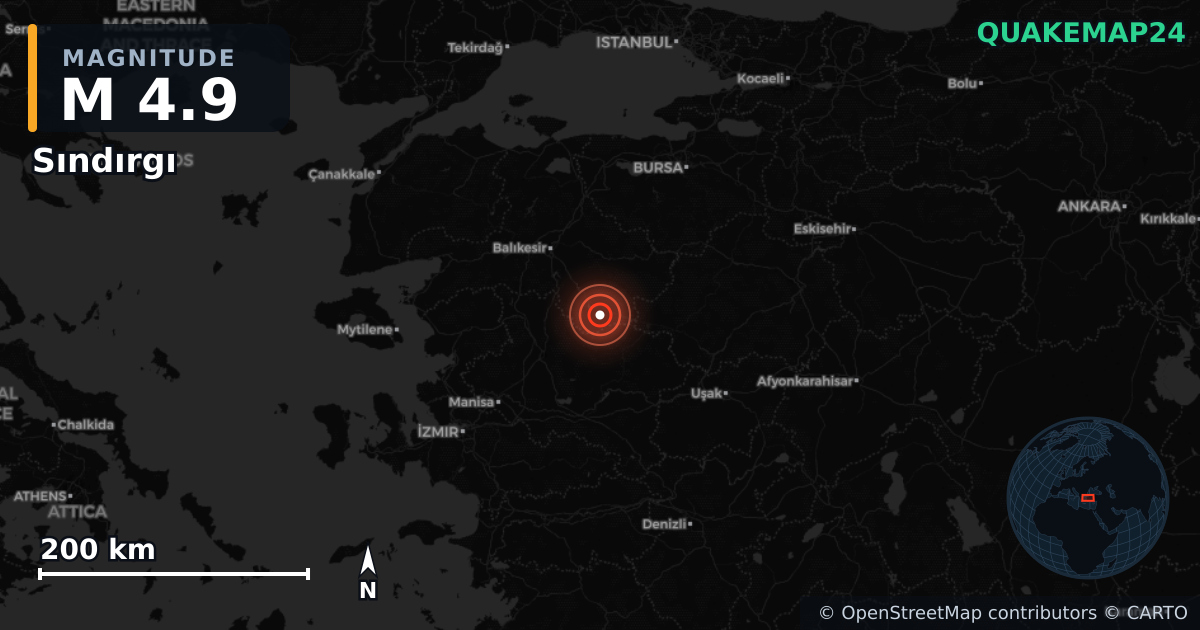 M4.9 earthquake near Sındırgı on Dec 11, 2025 — map of epicenter and shaking intensity | QuakeMap24