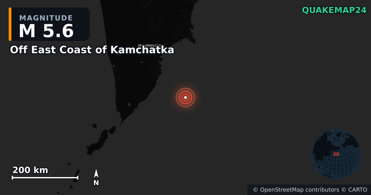 M5.6 earthquake near Off East Coast of Kamchatka on Sep 11, 2025 — map of epicenter and shaking intensity | QuakeMap24