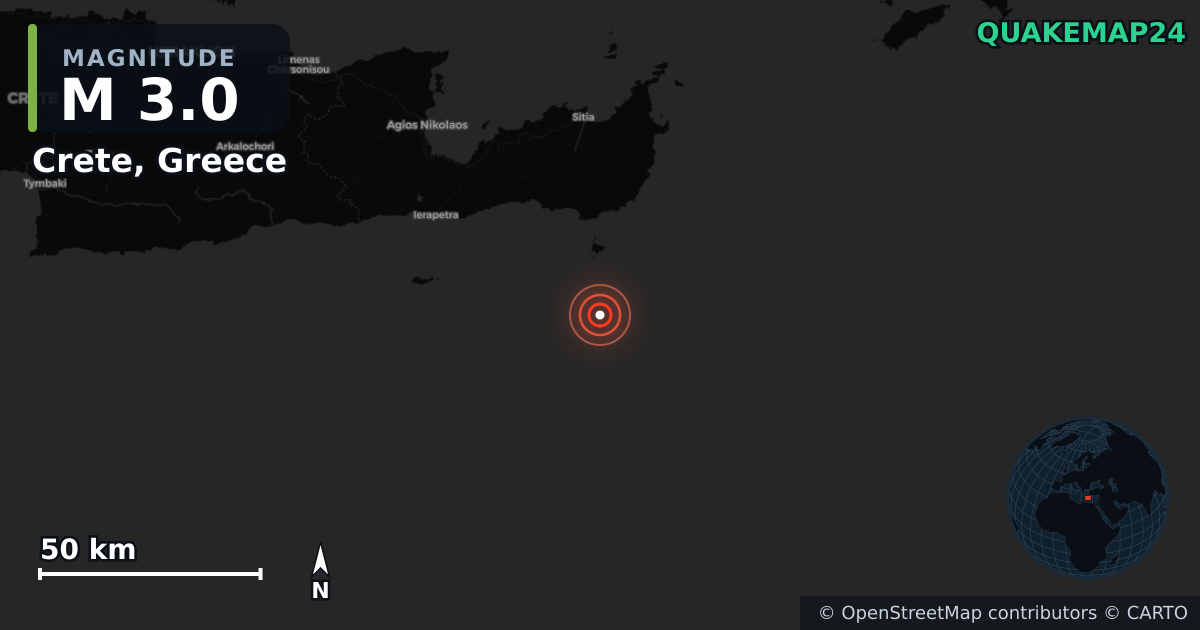 M3.0 earthquake near Crete, Greece on May 6, 2026 — map of epicenter and shaking intensity | QuakeMap24