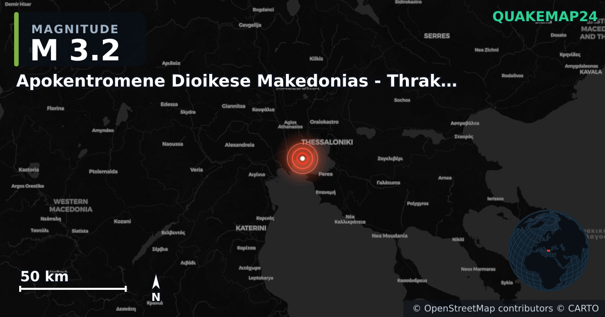 M3.2 earthquake near Apokentromene Dioikese Makedonias - Thrakes on Nov 2, 2025 — map of epicenter and shaking intensity | QuakeMap24