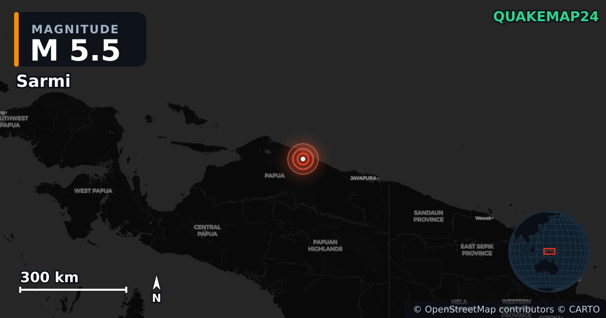 M5.5 earthquake near Sarmi on Jun 1, 2026 — map of epicenter and shaking intensity | QuakeMap24