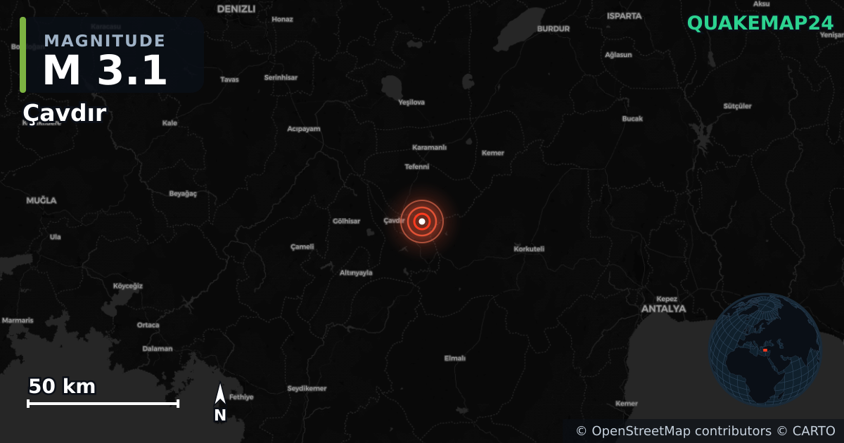 M3.1 earthquake near Çavdır on Jul 2, 2026 — map of epicenter and shaking intensity | QuakeMap24