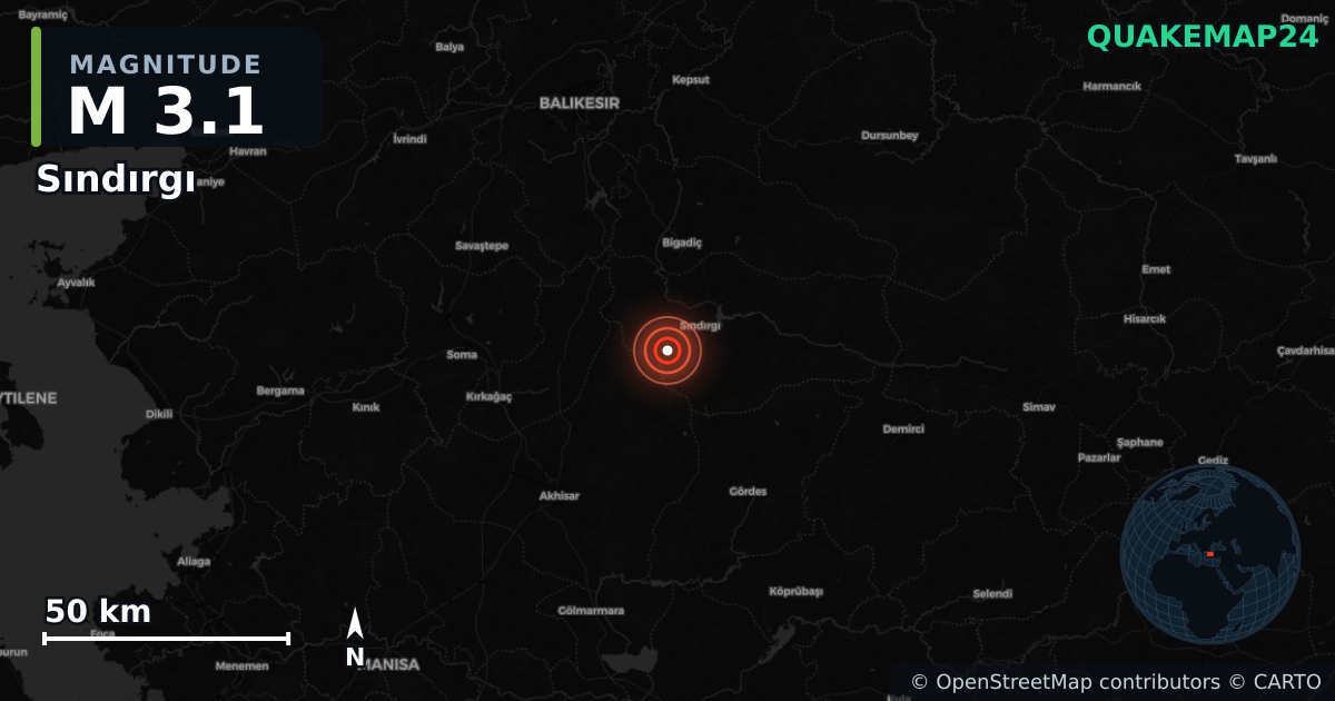 M3.1 earthquake near Sındırgı on Aug 11, 2025 — map of epicenter and shaking intensity | QuakeMap24