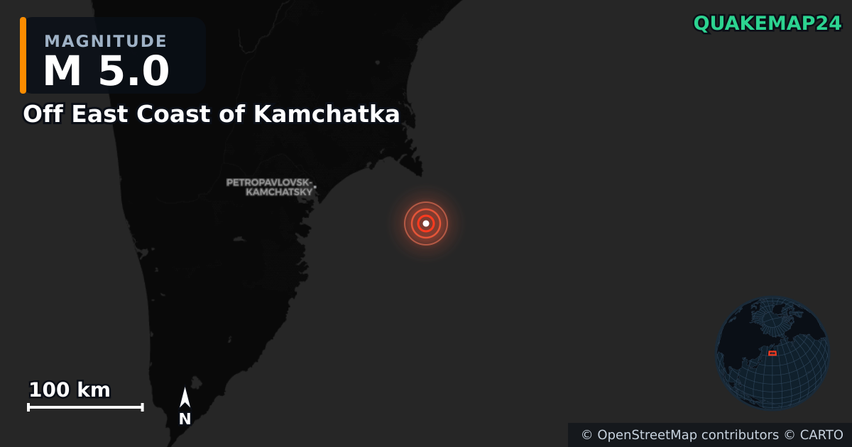 M5.0 earthquake near Off East Coast of Kamchatka on Sep 19, 2025 — map of epicenter and shaking intensity | QuakeMap24
