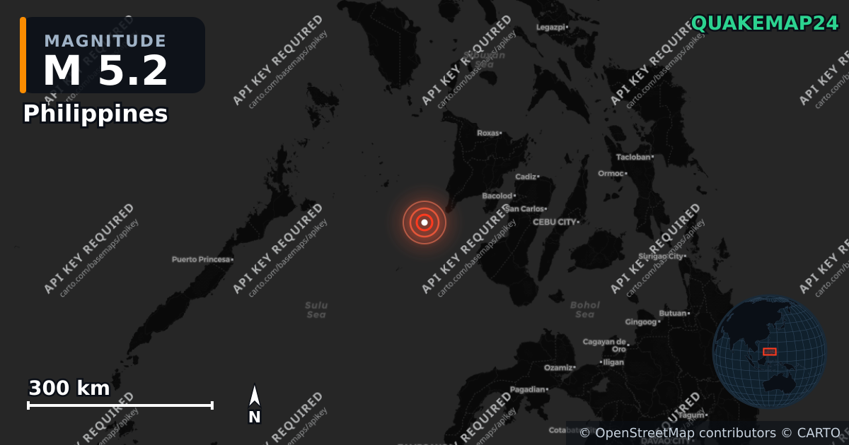 M5.2 earthquake near Philippines on Jun 6, 2026 — map of epicenter and shaking intensity | QuakeMap24