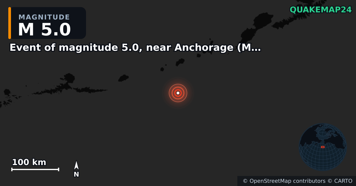 M5.0 earthquake near Event of magnitude 5.0, near Anchorage (Monde) on May 23, 2026 — map of epicenter and shaking intensity | QuakeMap24