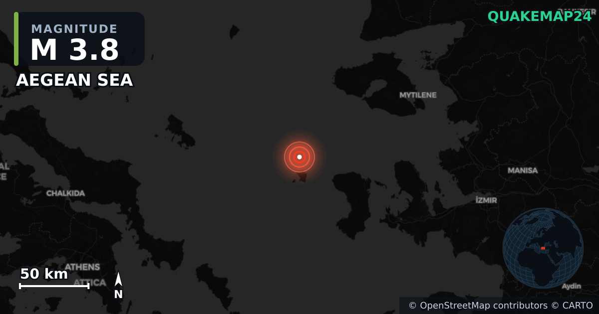 M3.8 earthquake near AEGEAN SEA on Aug 26, 2025 — map of epicenter and shaking intensity | QuakeMap24