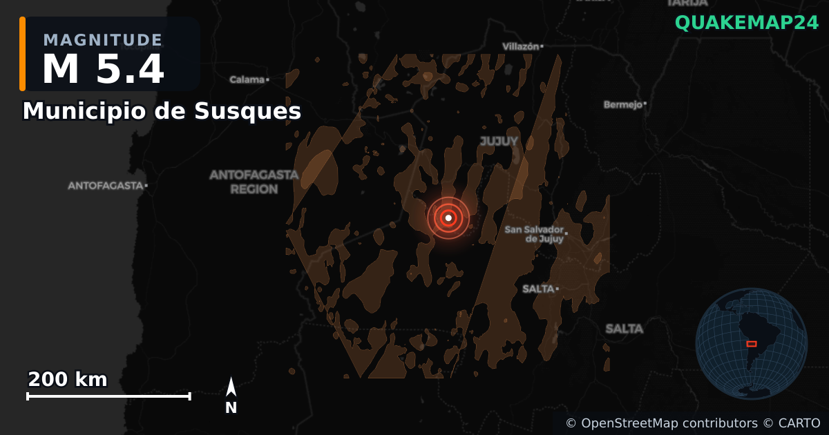 M5.4 earthquake near Municipio de Susques on Jul 24, 2026 — map of epicenter and shaking intensity | QuakeMap24