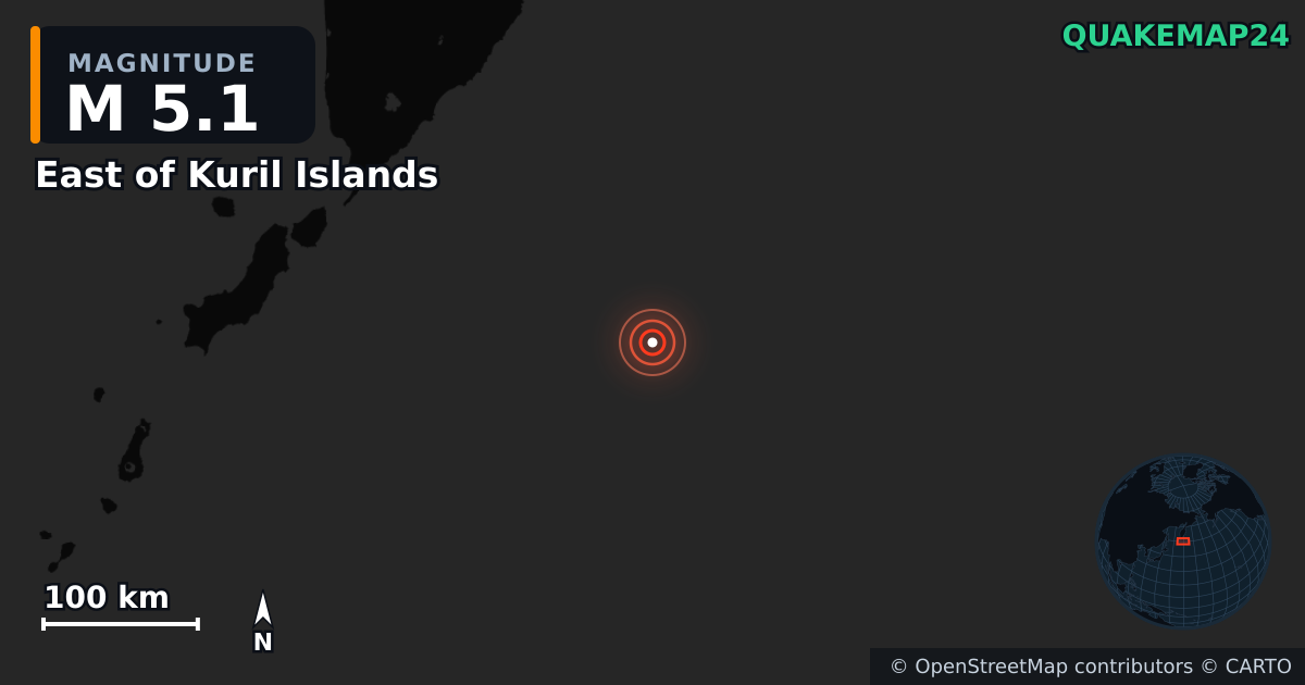 East of Kuril Islands yakınında M5,1 deprem — Deprem merkez üssünün konumunu gösteren harita