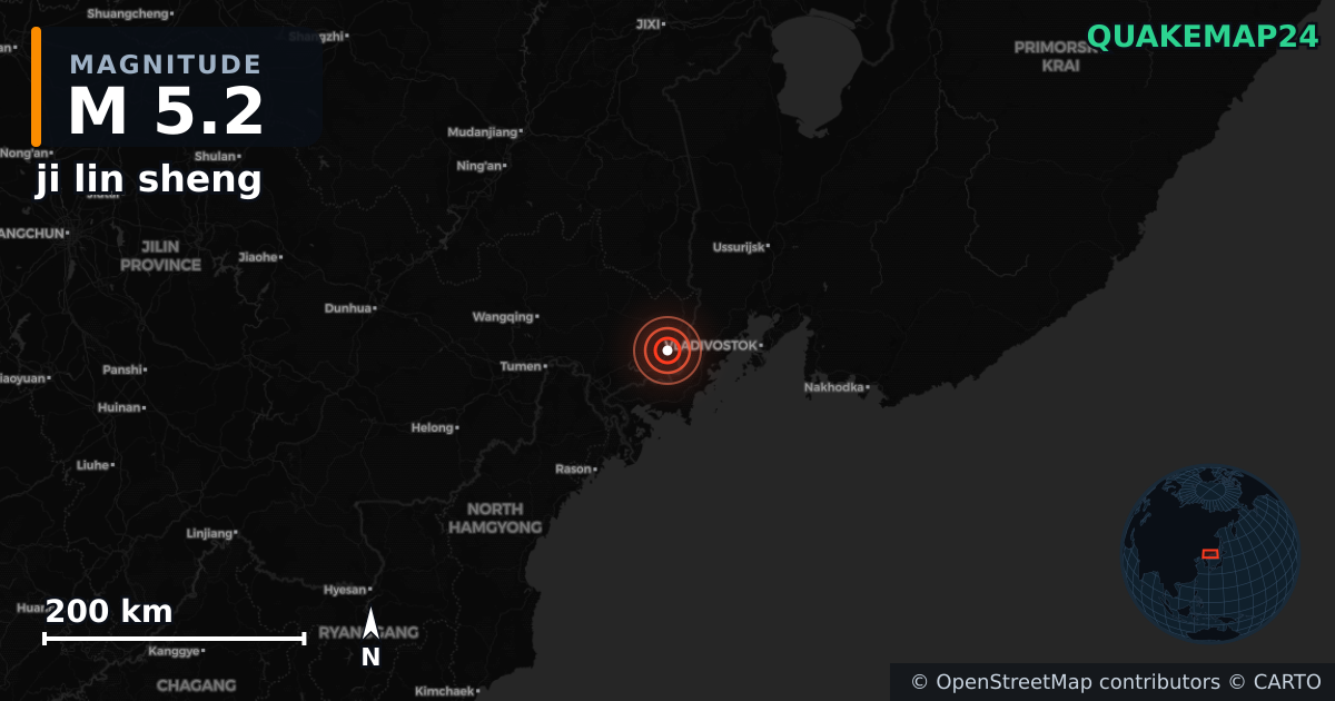 M5.2 earthquake near ji lin sheng on Oct 25, 2025 — map of epicenter and shaking intensity | QuakeMap24