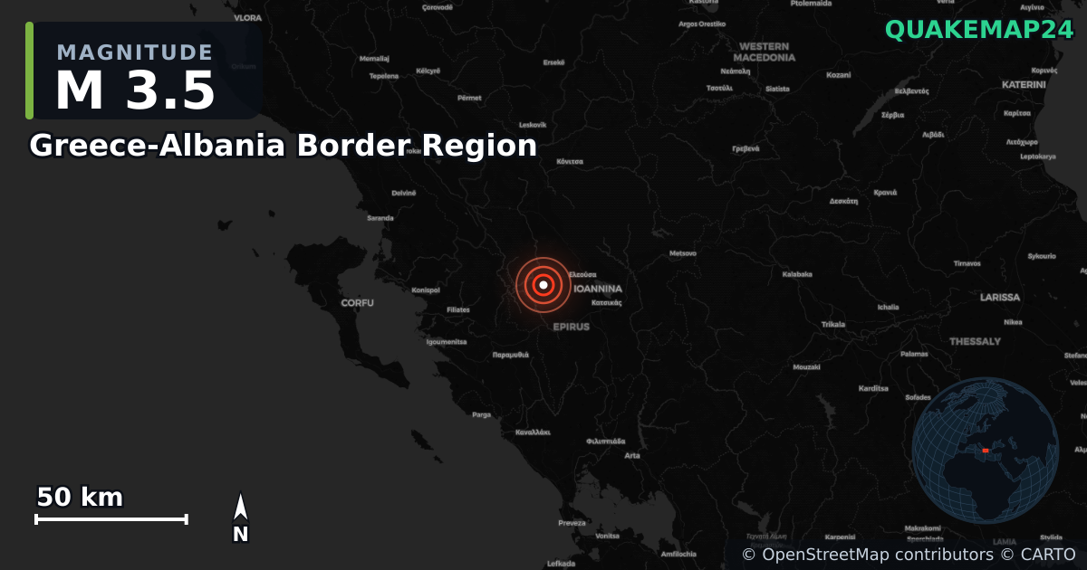 Erdbeben M3,5 bei Greece-Albania Border Region · 2026-03-08 — Karte der Lage des Epizentrums