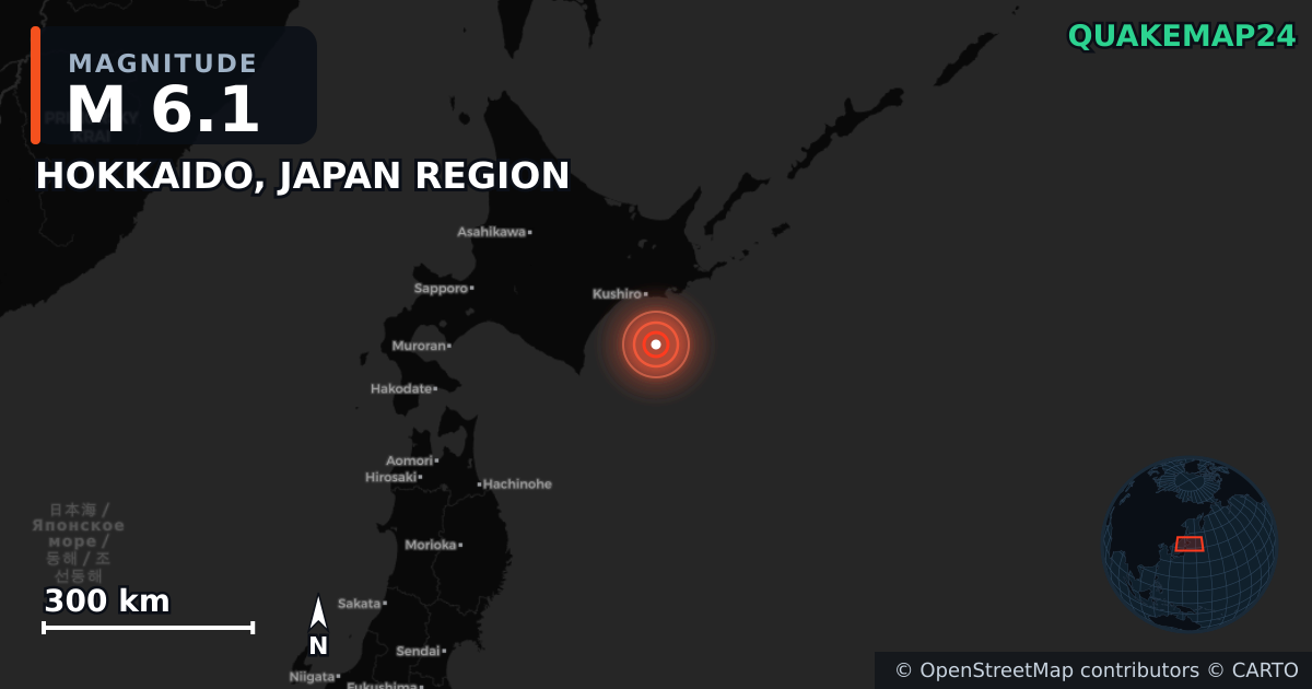 M6.1 earthquake near HOKKAIDO, JAPAN REGION on May 31, 2025 — map of epicenter and shaking intensity | QuakeMap24