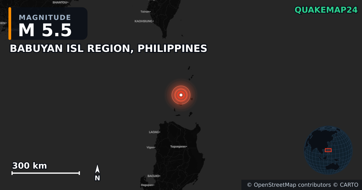 M5.5 earthquake near BABUYAN ISL REGION, PHILIPPINES on Jul 20, 2025 — map of epicenter and shaking intensity | QuakeMap24