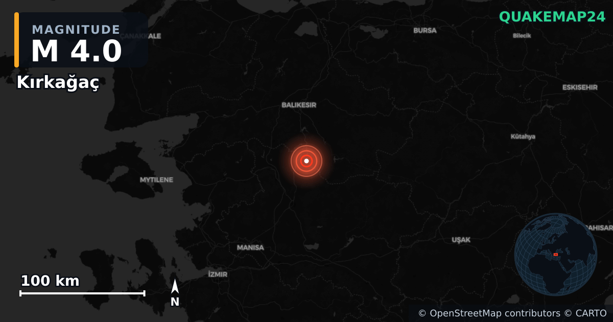 M4.0 earthquake near Kırkağaç on Aug 11, 2025 — map of epicenter and shaking intensity | QuakeMap24