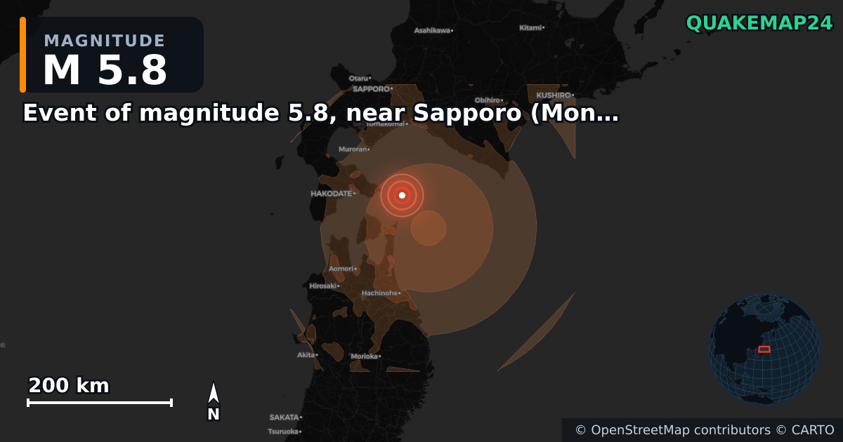 Erdbeben M5,8 bei Event of magnitude 5.8, near Sapporo (Monde) — Karte der Lage des Epizentrums