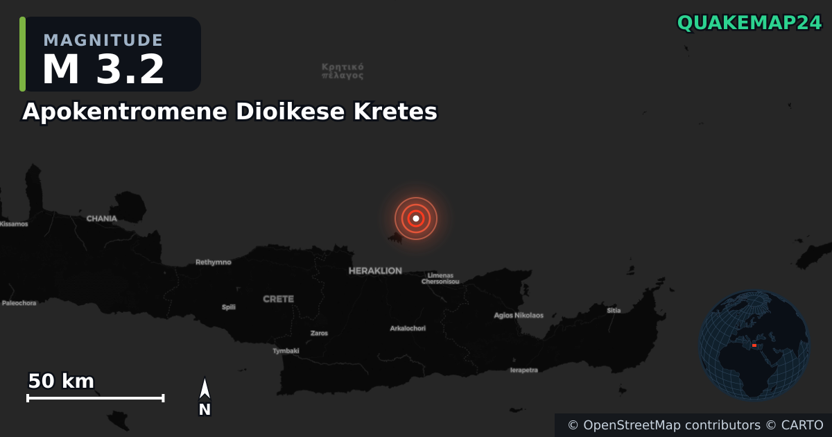 M3.2 earthquake near Apokentromene Dioikese Kretes on Jul 19, 2025 — map of epicenter and shaking intensity | QuakeMap24