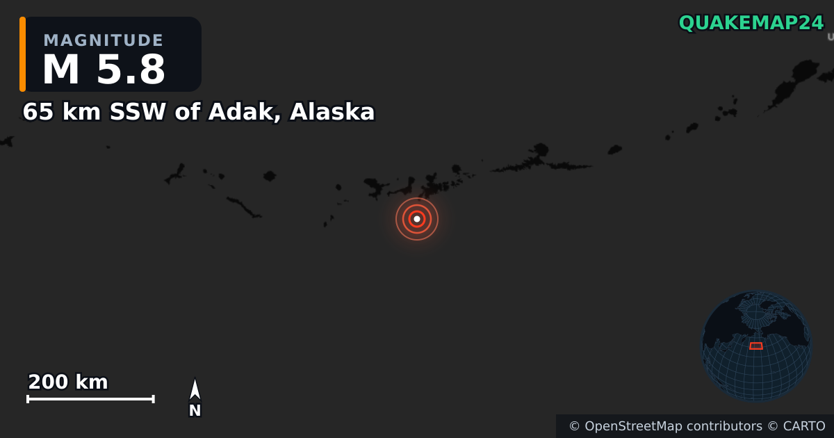 M5.8 earthquake near 65 km SSW of Adak, Alaska on Nov 23, 2025 — map of epicenter and shaking intensity | QuakeMap24