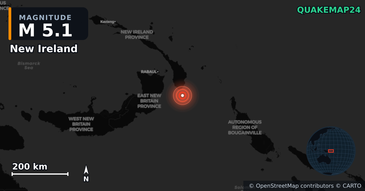 M5.1 earthquake near New Ireland on Sep 4, 2025 — map of epicenter and shaking intensity | QuakeMap24
